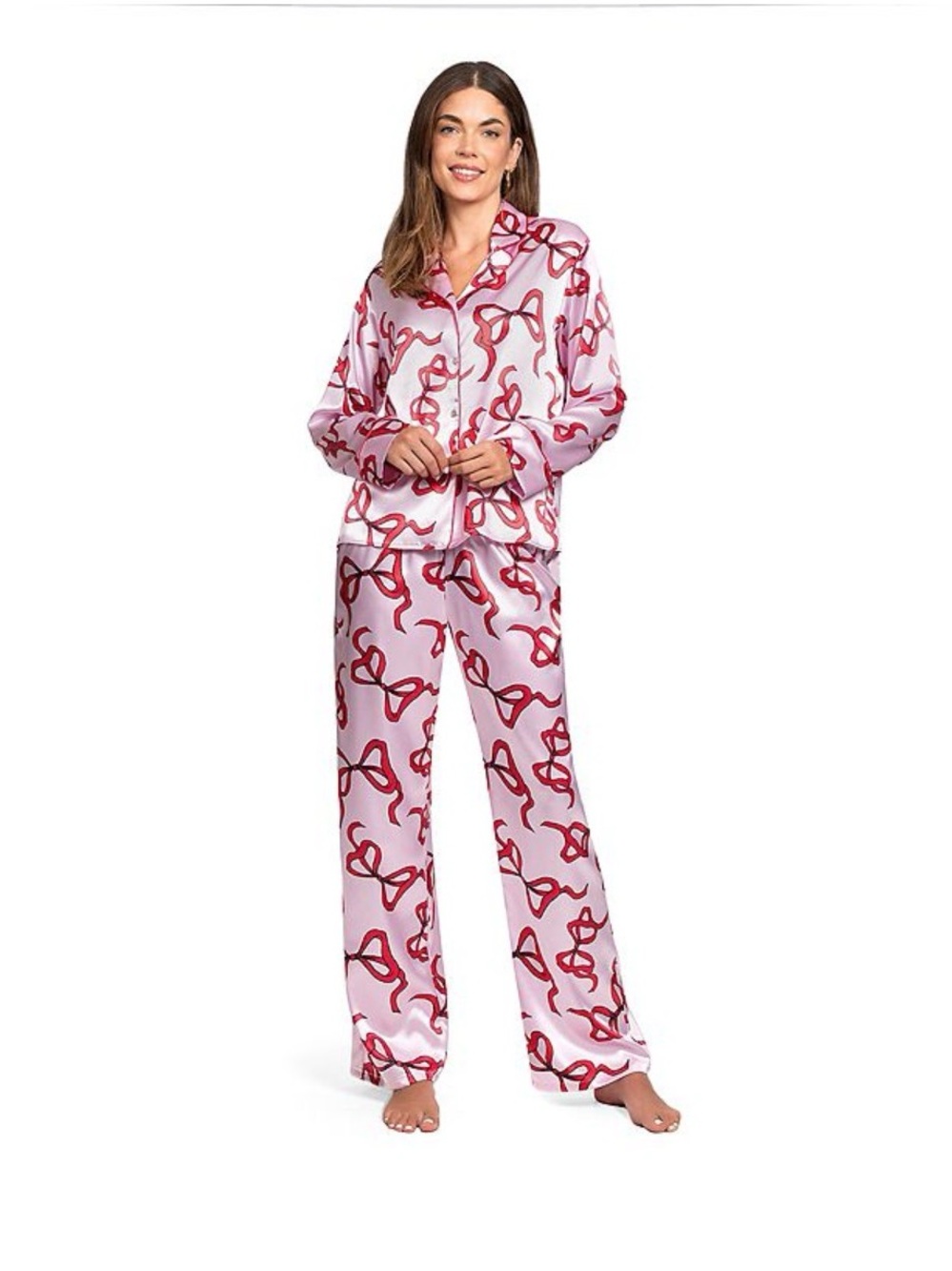Striped Ribbon-Print Satin Pajama Set - Pink & Red